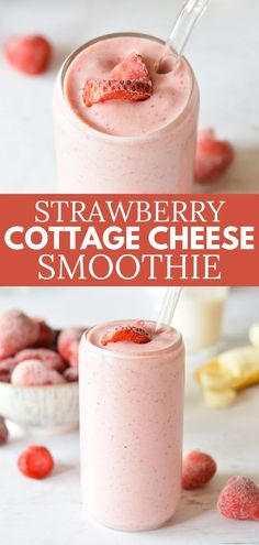 strawberry cottage cheese smoothie in a glass with strawberries