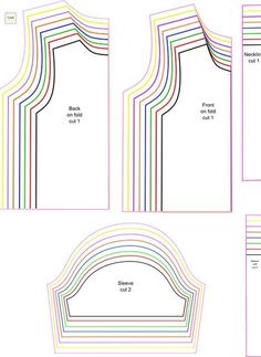 the front and back of a dress pattern, with different colored lines on each side