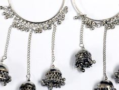 Tribal Afghan Belly Dancing Long Earrings in Silver Tone | Jewelry | Silver | Gift, Indian, Handmade Bohemian Dangle Jhumkas, Silver Metal Jhumkas With Latkans, Silver Dangling Charms Earrings For Festival, Silver Earrings With Bells For Festivals, Silver Bell Earrings For Festivals, Silver Festival Earrings With Dangling Charms, Fusion Style Metal Dangle Jhumkas, Metal Jewelry With Bells For Festive Occasions, Festive Metal Jewelry With Bells