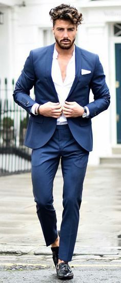 Blue Suit No Tie, Suit No Tie, Blue Suit Outfit, Three Piece Suits, Men Dressing, Summer Wear Men, Beach Wedding Suits, Blue Suit Men, Formal Men Outfit