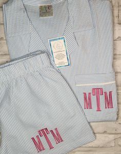 Monogram Seersucker Pajama shorts Set | Monogram wedding party gift | lounge pajama shorts set | Pajamas perfect for girls bachelorette parties, bridal parties, girls cruise outings, adult mom and daughter matching sets Classic, comfortable and chic....Our Seersucker Pajama Shorts Sets are sure to be a favorite and are specially cut to fit right. They feel great in every size, making it the perfect classy pajama shorts set.  These are a standard women's pajama fit; NOT junior fit.  Elastic waist with white drawstring twill tape tie, 3.5" inseam; standard true to size.  The seersucker fabric is crafted over elastic on the inside to allow seersucker to show if folded over. SPECS: 2-Piece Pajama Shorts Set for Women (Includes Top and Shorts) Includes Monogram on Pocket and bottom of short leg Egypt Design, Monogram Shorts, Mom And Daughter Matching, Cute Pjs, Seersucker Fabric, Shorts Sets, Seersucker Shorts, Wedding Party Gift, Bridal Parties