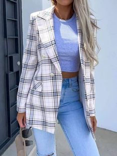 Women's Jacket Check Plaid Double Breasted Slim Fit Blazers Female Office, Types Of Coats, Women's Blazers, Plaid Suit, Slim Fit Blazers, Plaid Fashion, Womens Blazers, Long Sleeve Plaid, Suits Coats