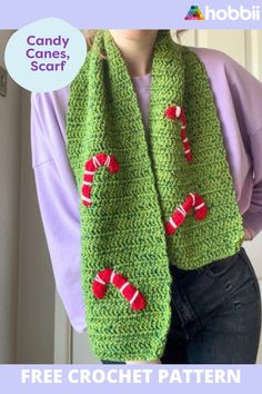 a woman wearing a green scarf with candy canes on it and the text, free crochet pattern