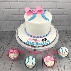 Pink And Blue Baseball Gender Reveal, Baseball Or Bows Cake, Johnson Twins, Baby Reveal Cupcakes