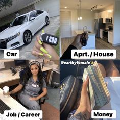 four different pictures with the words job / career, art / house, and car