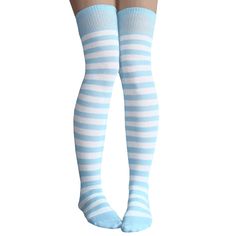 Innocent And Playful, These Light Blue And White Striped Socks Are A Treat. Made In Usa Size: Women's 7-11 Material: 80% Cotton, 20% Nylon & Elastic Length: 32” - 34” Before Stretched Striped Thigh Highs, Socks Photography, Striped Thigh High Socks, Striped Gloves, Striped Knee High Socks, Blue Stockings, Blue Tights, Striped Tights, Rainbow Outfit