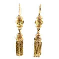 A pretty pair of French foxtail tassel earrings worked in yellow and rose 18K gold. The surmounts and the tops of the tassels are decorated with colored gold floral rosettes and each foxtail chain terminates in a small ball. The earrings dangle freely with attractive movement when being worn. Each is stamped with French 18K gold hallmarks. * Origin: France, ca. 1880 * Condition: excellent * Dimensions: 2-1/16" long from top of earwire * Weight: 9.7 g. Gold Hallmarks, Gold Floral, Earrings Dangle, Tassel Earrings, Jewelry Earrings Dangle, Selling On Etsy, Sell On Etsy, Gold Color, Etsy Earrings