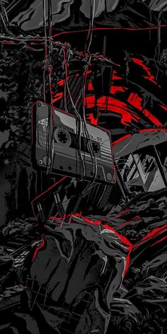 a red and black drawing of a train wreck in the woods with trees around it