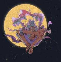 a person sitting on the ground in front of a full moon with purple and yellow colors