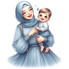 a woman holding a baby wearing a blue dress and a white head scarf on her head