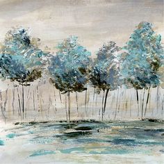 an abstract painting of trees with blue leaves in the foreground and water on the far side