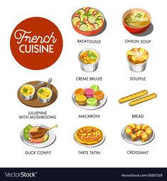 the different types of french cuisines on a white background with red circle and text