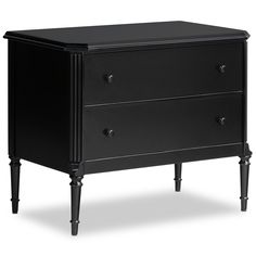 a black dresser with three drawers and two legs