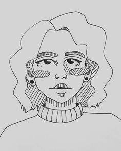 a black and white drawing of a woman's face with glasses on her head