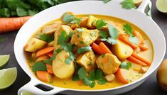 a white bowl filled with food next to sliced carrots and cilantro peppers