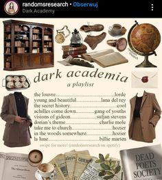 an image of a book page with the words dark academy and other items on it