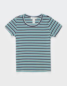 Full Tilt Essentials Stripe Tee. Allover Stripe Pattern. Crew Neck. Short Sleeve. 96% Cotton 4% Spandex. Machine Wash. Imported. | Full Tilt Essentials Girls Stripe Tee John Proctor, Wwe T Shirts, Open Weave Sweater, Flannel Sweatshirt, Graphic Trends, Stripe Tee, Tees Pattern, Boys Graphic Tee, Girls Graphic Tee