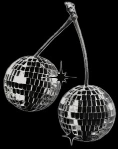 two shiny disco balls hanging from a twig on a white background with black and white image