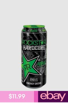 a can of rock star hard core energy drink on a colorful background with the text $ 9 99