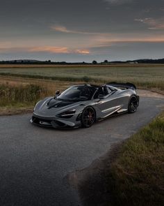 a grey sports car parked on the side of a road near grass and trees at sunset