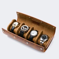 Perfect travel accessory or storage case for a watch enthusiast. Our sturdy and elegant leather watch box is the ultimate luxury solution for watch storage and protection, whether you're at home or on the go. Crafted from premium full-grain calfskin, this watch box is designed and tested to prevent damage to your watch while traveling. The inner lining is made from soft microfiber to protect your watch from scratches, while the snap cushions keep your watch in place and are simple to attach to t Leather Watch Roll, Leather Watch Case, Leather Watch Box, Watch Roll, Watch Storage, Fathers Day Sale, Groom Gift, Leather Conditioner, Orange Leather