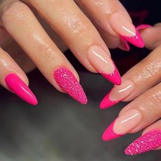 French Tip Press on Nails Almond Glue on Nails Medium Length Hot Pink Nails Press on False Nails with Designs Nude Artificial Nails for Women,Glitter Fake Nails with Nail Glue in 12 Sizes-24 Nail Kit Amazon Finds Barbie Nails Nails With Glitter, Hot Pink Nails, Pink Nail, Nailed It, Artificial Nails