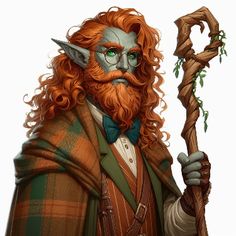 an orange haired wizard with long hair and green eyes holding a stick in his hand