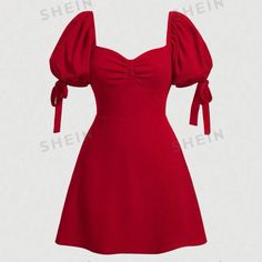 Red Ruched Knot Cuff Puff Sleeves Mini Dress Size Medium Brand New With Tag Cute Red Dress, Army Dress, Cute Red Dresses, Plus Size Mini Dresses, Mini Sundress, Shein Dress, Backless Mini Dress, Wrap Dress Floral, Puffed Sleeves Dress