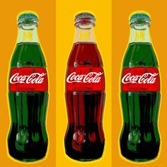 three bottles of coca - cola sitting side by side on yellow and red background, each with the same color