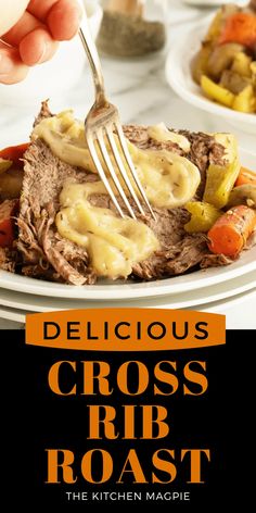 the cover of delicious cross rib roast with vegetables and gravy being eaten by a fork