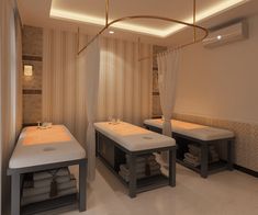 the interior of a bathroom with two sinks and stools