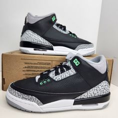 Air Jordan 3 Retro Size 6y / Size 7.5 Women Black/Green Glow-Wolf Grey-White Sku: Dm0967-031 100% Authentic Brand New Without Box Any Questions? Make Sure To Ask Price Firm (Disclaimer) *These Are A Grade School Size 6y But Will Fit A Woman Size 7.5 Per Nike Sizing Charts* Sporty Black Jordan Shoes With Speckled Midsole, Black Low-top Jordan Shoes With Speckled Midsole, Black Basketball Shoes With Speckled Midsole, Black Basketball Shoes With Speckled Midsole And Round Toe, Jordan 3 Green, Shoes List, Fire Shoes, Cute Casual Shoes, Dr Wardrobe