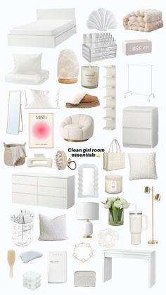 a collage of white furniture and accessories