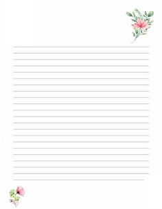 a blank lined paper with pink flowers on it