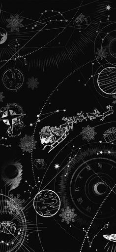 a black and white photo with many different things in the sky, including santa's sleigh