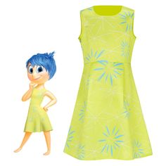 an image of a cartoon character next to a yellow dress with blue flowers on it