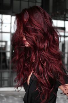 Red Dementional Hair, Long Dark Red Hair With Layers, Deep Red Layered Hair, Dark Red Magenta Hair, Dark Cherry Hair Color, Vibrant Red Purple Hair, Dark Fall Hair Colors, Dark Fall Hair, Hair Curling Tips