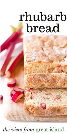 two slices of rhubarb bread on a cutting board