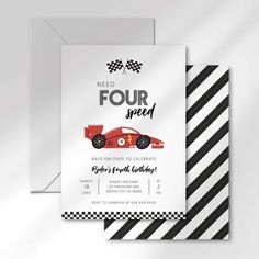 a red race car birthday card with the words, need four speed and black and white stripes