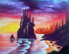 an acrylic painting of a sunset over the ocean with trees and rocks in the foreground