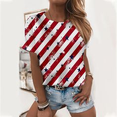 Product Name: Women's Flag Top American Flag Print Short Sleeve Crew-Neck T-Shirt Item NO.: 22282841 Weight: 0.2 kg = 0.4409 lb = 7.0548 oz Category: Clothing> Women> T-Shirts Tag: Summer, Flag, White, Red, Blue, New, Patriotic, top, new arrival, tee Creation Time: 2023-06-13 Hem Type: Regular Hem Collar/Neckline:V-NeckSleeve:Short SleeveThickness:Mid-weightDesign Elements:American Flag PrintStyle: CasualMaterial:95% Polyester 5% SpandexWashing Mode: Machine WashSize:S,M,L,XL,2XL,3XL,4XL,5XLWeig Summer V-neck T-shirt With American Flag Print, Patriotic V-neck Summer Tops, Cotton V-neck Top With American Flag Print, Red Printed V-neck T-shirt, American Flag Print Crew Neck Top For Spring, American Flag Print V-neck Tops For Summer, Red Flag Print T-shirt, Summer V-neck Tops With American Flag Print, V-neck Tops With American Flag Print For Summer