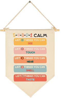 a banner hanging on a wall with the words, 5 steps to calm and list things you can see