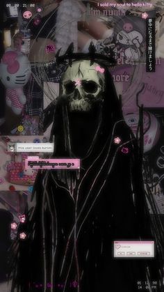 an image of a skull wearing a black hat and coat with pink flowers on it