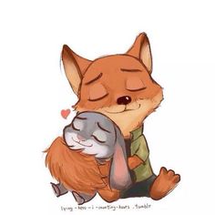 a drawing of a fox hugging a small animal