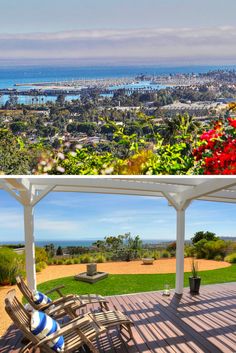 the view from an outdoor deck with lounge chairs