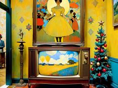 an old fashioned television set sitting in front of a christmas tree