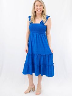 royal blue ruffle sleeve midi dress on model Blue Casual Midi Dress With Ruffles, Blue Ruffled Midi Sundress, Blue Tiered Sleeveless Dress With Ruffles, Blue Ruffled Midi Sleeveless Dress, Casual Blue Sleeveless Ruffle Dress, Royal Blue Dress, Tiered Ruffle Skirt, Midi Dress Casual, Ruffle Skirt