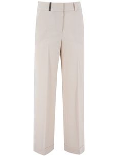 Sophisticated and authentic high-waisted trousers with a classic and timeless style, made of cool bi-stretch wool canvas. The loose fit and turn-up hem add a distinctive touch. A touch of simplicity is provided by the front and welt pockets on the back. Composition: 53% PL, 43% WV, 4% EA Spring Wool Wide Leg Workwear Pants, Wool Wide Leg Pants For Workwear In Spring, Spring Wool Wide Leg Pants For Workwear, Spring Wool Dress Pants For Workwear, Modern Tailored Wide Leg Pants With Pressed Crease, Classic Wool Pants For Spring, Elegant Wool Wide Leg Ankle-length Pants, Elegant Wool Wide Leg Pants For Spring, Elegant Wide Leg Wool Pants For Spring