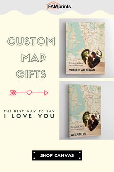 two personalized canvass with the words, custom mad gifts and an arrow on them