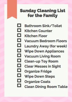 a pink and white checklist with the words sunday cleaning list for the family